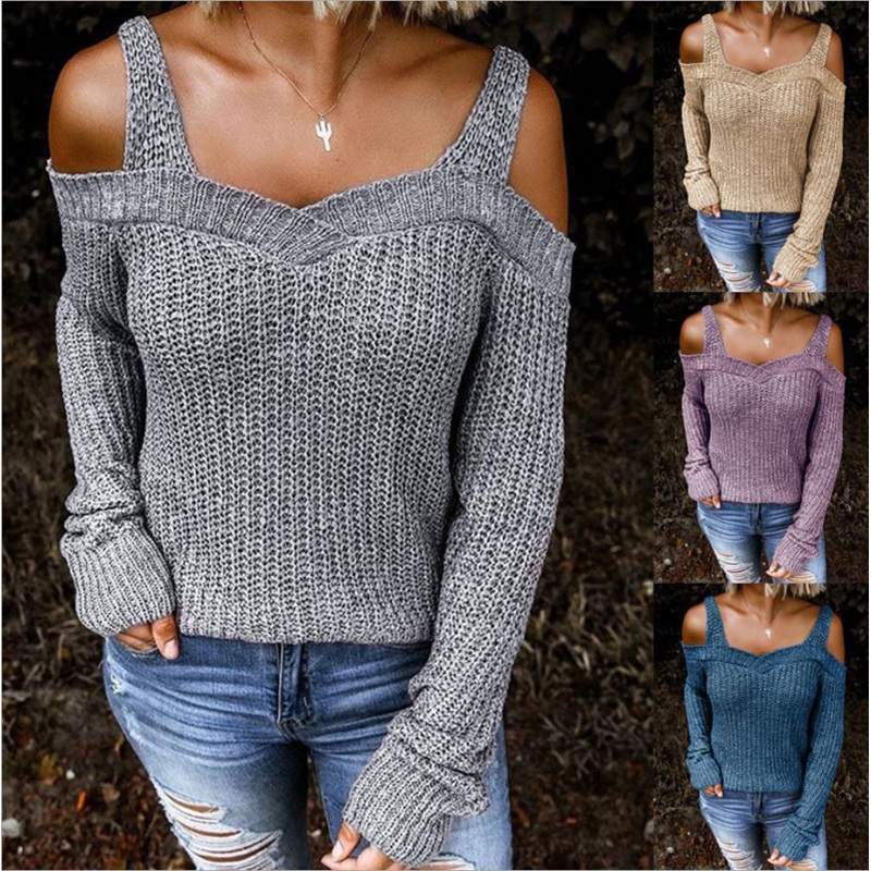 Spring Women Sling Long Sleeve Casual Knit Pullover Sweater – Women Fall Sweaters and Plain Sweater price
