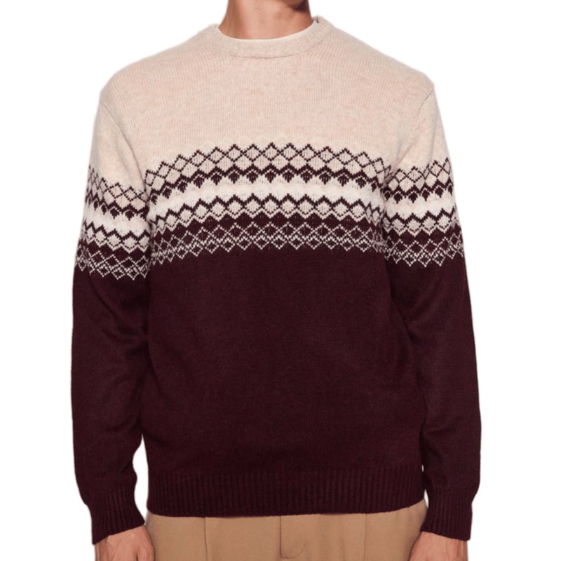 Stylish Beige and Burgundy Jacquard Long Sleeve Knit Sweater for Men – Mens Sweater and Jacquard Sweater price