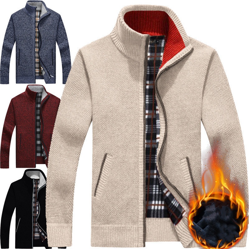 Winter Men Zipper Stand Collar Knitted Sweater Cardigan Coat Jacket – Plus Size Mens Sweaters and Men Jacket price
