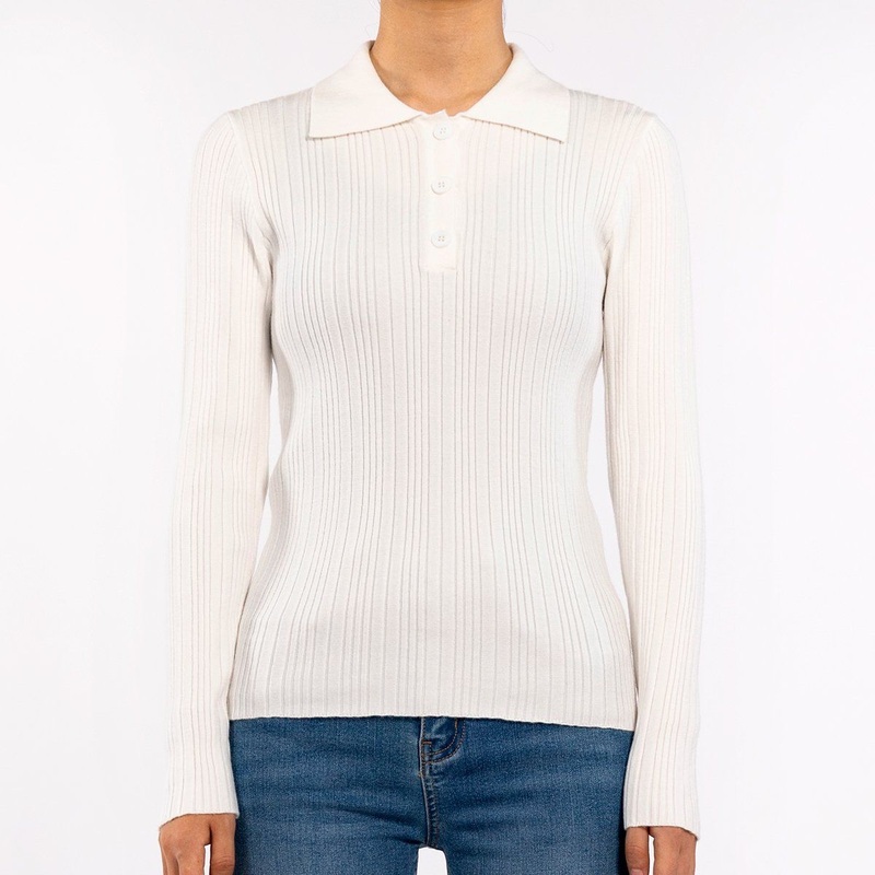 Womens White Knitwear Spring Casual Polo Neck Ribbed Sweater – Sweaters Women Tops and Wholesale Cardigan price