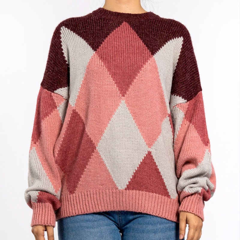 Womens Winter Knitted Diamond Geometric Pattern Drop Shoulder Sleeves Pullover Oversized Sweater – Women Sweater and Ladies Sweater price