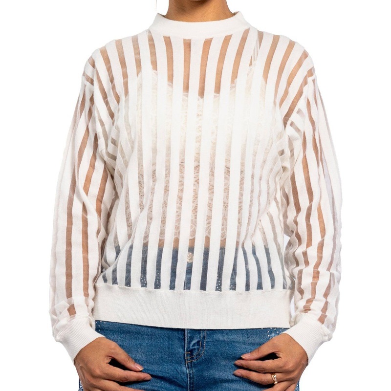 2023 Striped Pullover Knitwear Mesh Short White Summer Sweaters for Women – Striped Sweater and Knitting Apparel price