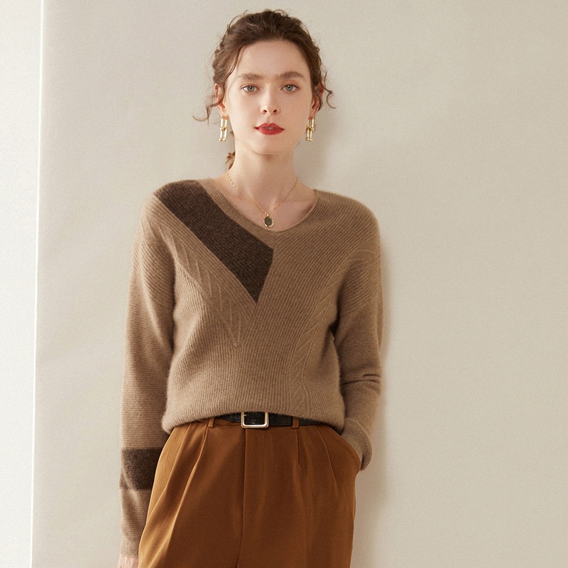 Autumn and Winter V-Neck Cashmere Colour Blocking Pullover Knitted Loose Sweater for Lady – Everyday Clothing and Womens Garments price