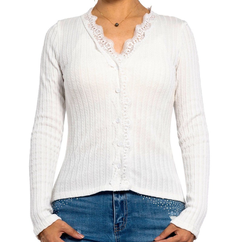 Autumn Long Sleeved Lace V-Neck Button Knitwear Ladies Knitted White Sweaters Women Tops – Women Cardigan and Knit Top price