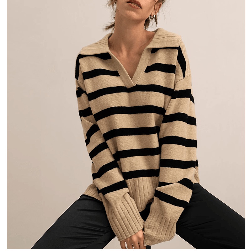 Autumn Winter Knitwear Manufacturers Female Cashmere Polo Neck Stripe Pullover Sweater – Winter Pullover Thick Sweater and Ladies Cashmere Polo Neck Sweaters price