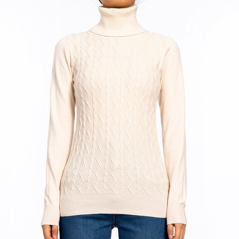 Beige Slim Fit Twist Textured Knitwear Long Sleeve Turtleneck Sweater for Women – Knitted Shirts and Women Shirt price