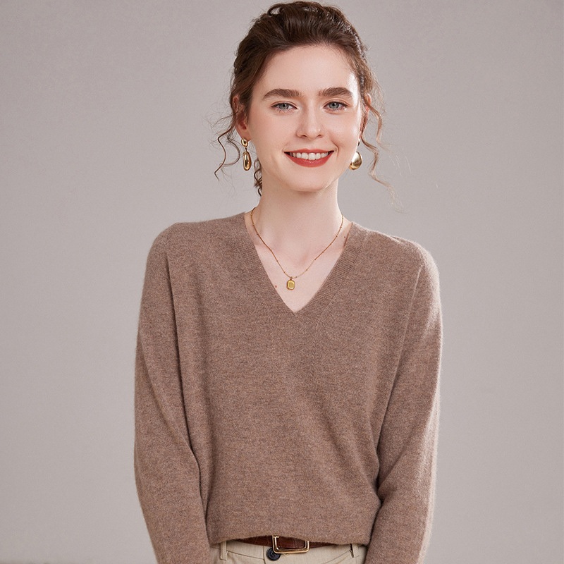 Cashmere V-Neck Loose Pullover Solid Colour Long Sleeve Sweater for Lady – Everyday Clothing and Womens Garments price