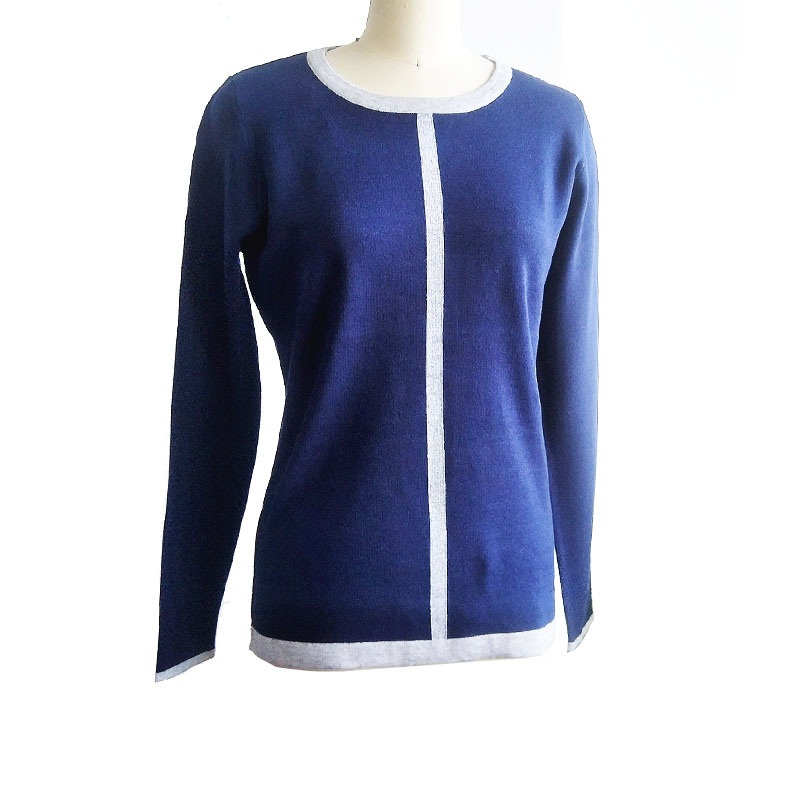 Contrast Stripe Design Spring and Autumn Ladies Knitted Pullover Women Knitting Long Sleeve Round Neck Sweater OEM Service – Sweater and Ladies Sweater price