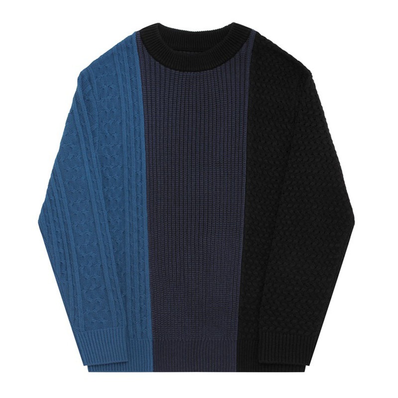 Creative Contrast Color Design Mens Variety Knitting Methods Pullover Loose Sweater – Sweater and Men Sweater price