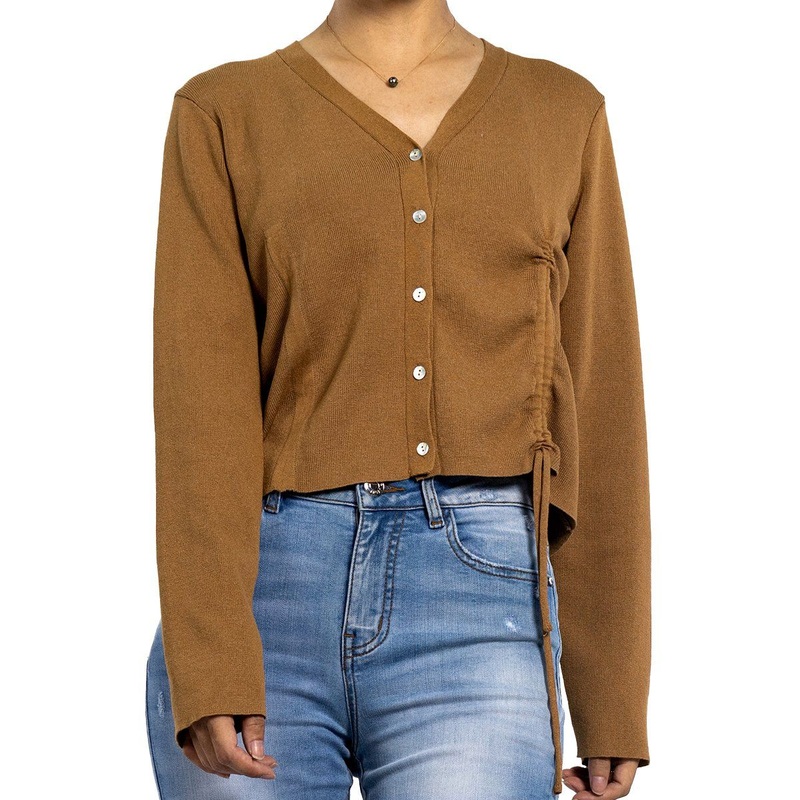 Spring Custom Brown Short Drawstring Pleated Knitted Sweater Long Sleeve Cardigan for Women – Women Sweater and Sheer Cardigan price