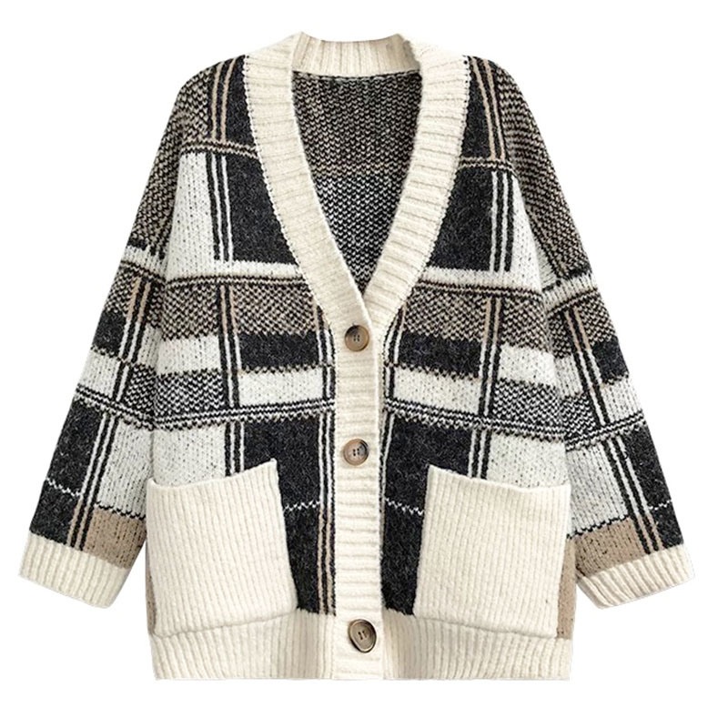 Square Jacquard Contrast Colour Spring Ladies Knitted Cardigan Women Knitting Long Sleeve Sweater – Sweater and Ladies Sweater price