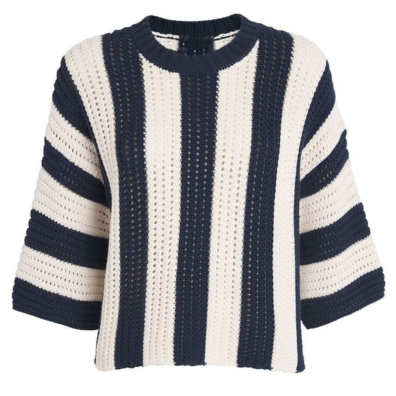 Stylish Navy and Beige Striped Knit Crochet Womens Sweater – Women Knit Sweater and Drop Shoulder Women Sweater price