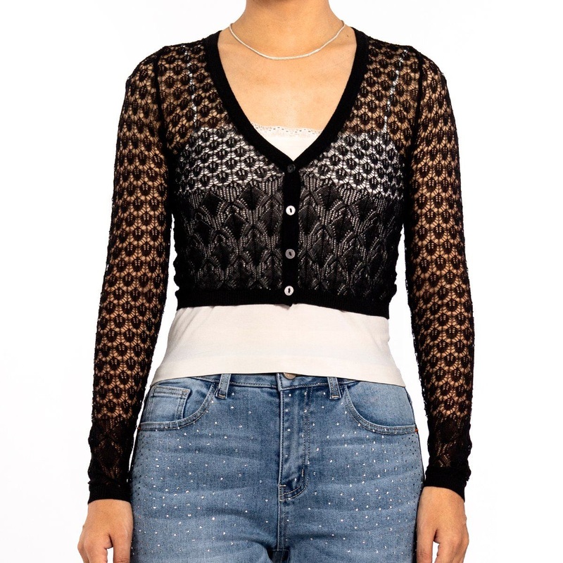 Summer Black Lace Knit Top Light Hollow out Blouse Crop Cardigan for Women – Sweaters for Women and Spring Cardigan price
