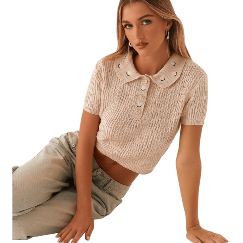 Wholesale Embroidery Rose in The Polo Collar Women Summer Pullover Sweater – Polo Women Sweater and Tops Fashion Women price