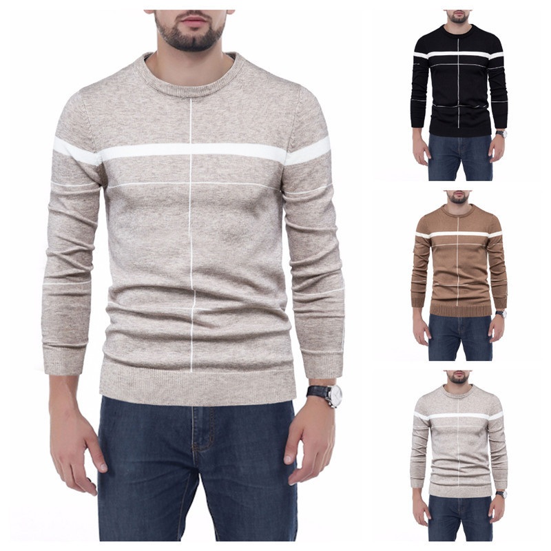 Winter Striped Stitching Crewneck Men Knitted Pullover Sweater – Men Sweater and Mens Winter Sweaters price