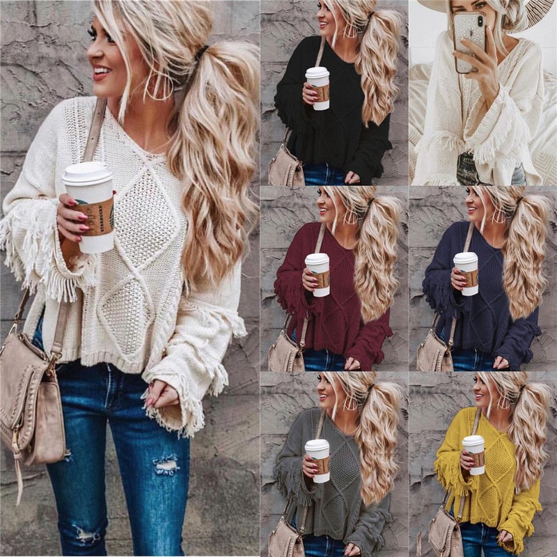 Women Custom Loose O Neck Solid Tassel Knit Pullover Sweater – Plain Sweaters and Casual Knit Sweater price