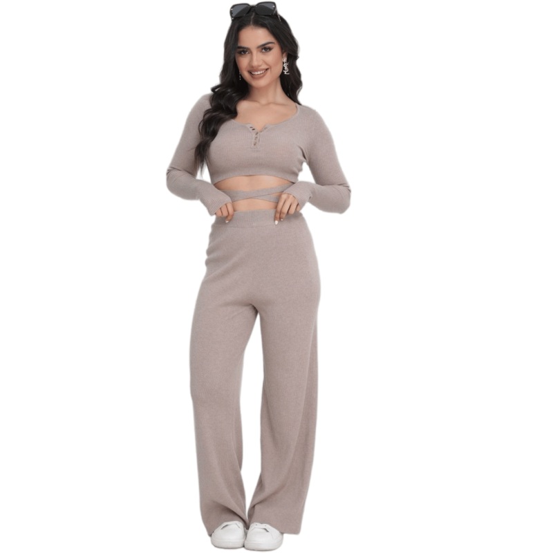 Womens Khaki Knit Sweater Set: Trendy Crop Top & Pants – Knitted Sweater Set and Custom Knit Sweater Set price