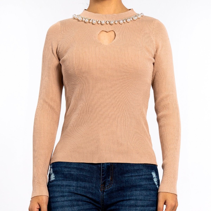 Womens Spring Round Neck Hollow Hand-Sewn Pearl Drill Chain Long Sleeve Pullover Knit Sweater – Knitwear and Ladies Sweater price
