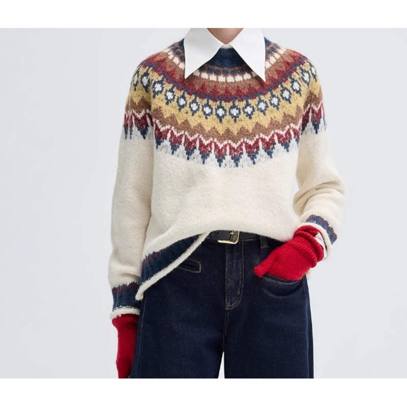 2025 Fancy Antique Wool Jacquard Design Crew Neck Ladies Fair Isle Sweaters – Fair Isle Jacquard Sweater and Knit Jacquard Sweater price