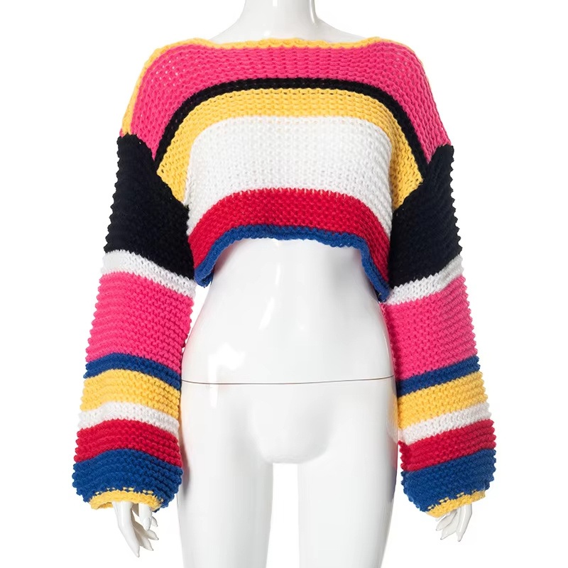 Blocking Patchwork Fall Winter Colorful Stripe Knitted Short Cropped Sweater – Sweater and Womens Sweaters price