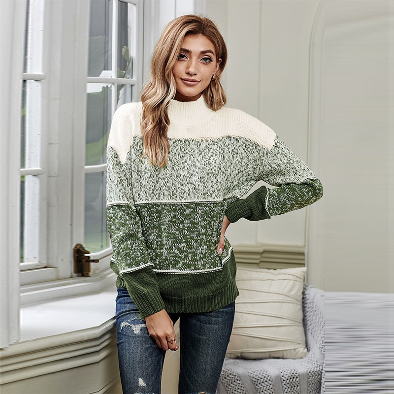Casual Fall Winter Contrasting Colors Striped Women Knit Sweater – Wholesale Sweater Women and Ladies Sweater price