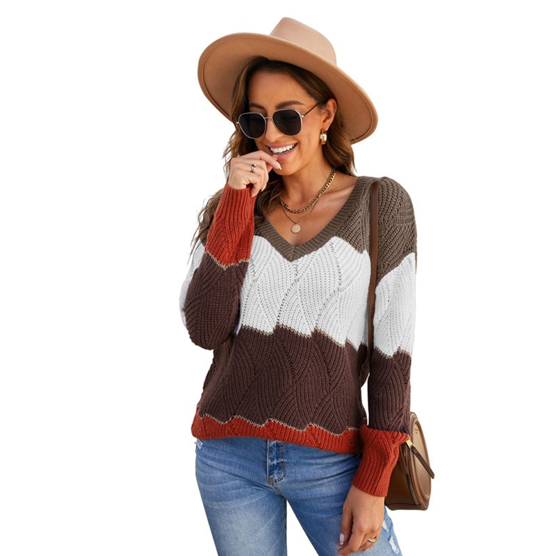 Casual Long Sleeve Loose Contrasting Colors Women Pullover Knit Sweater – Womens Casual Sweaters and Custom Knit Sweater price