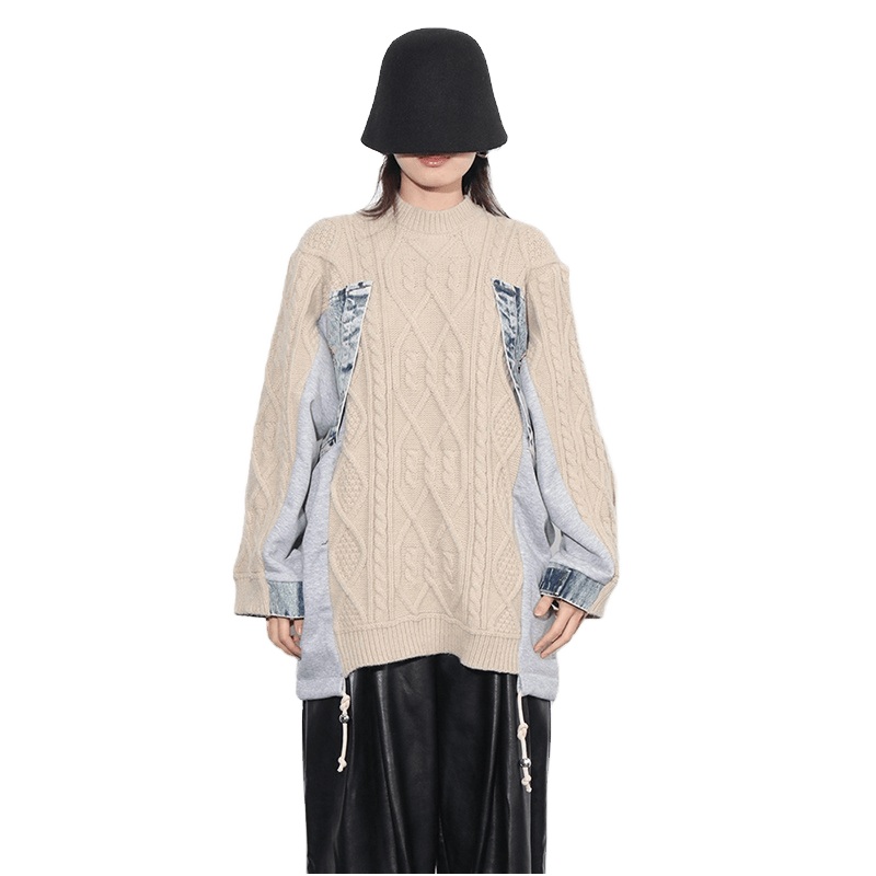 Casual Oversized Denim Patchwork Sweater for Spring Fashion – Front Logo Sweater and Casual Sweater price