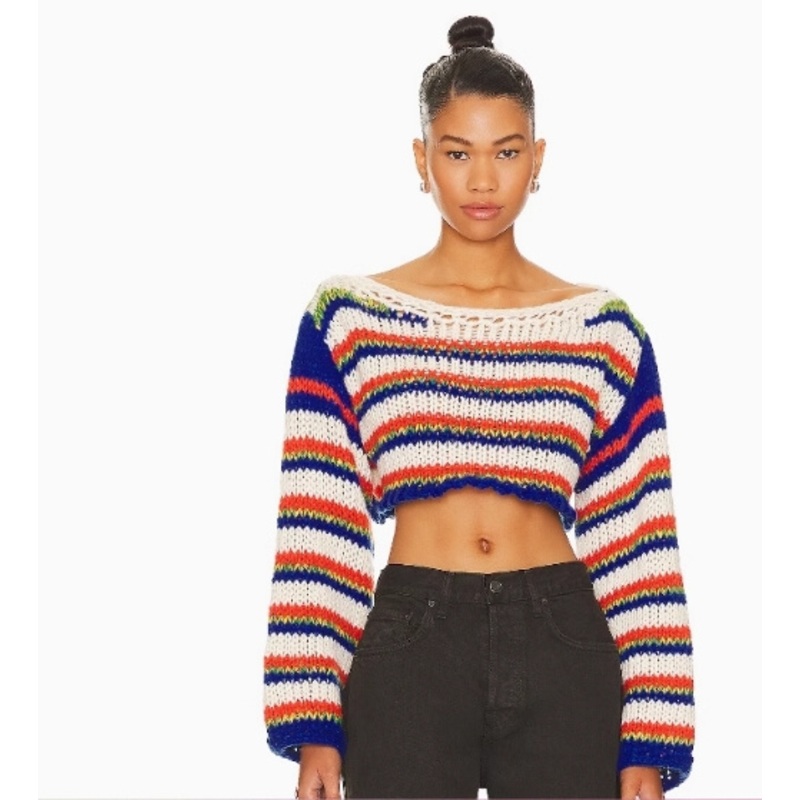 Colourful Striped Long Sleeve Pullover Short Sweater for Women – Fashion Sweater and Knitted Sweater price