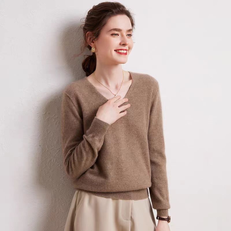 Relaxed Fit Rib-Knit Cuff and Hem Solid 100% Pure Wool V Neck Sweaters for Women – Women Sweater and Turtleneck Women Sweater price