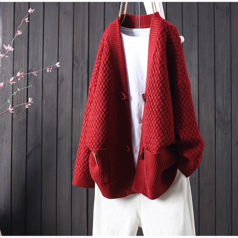 Solid Color MID-Length Horn Button Knitted Cardigan Women Long-Sleeved Sweater – Ladies Sweater and Crochet Sweater price