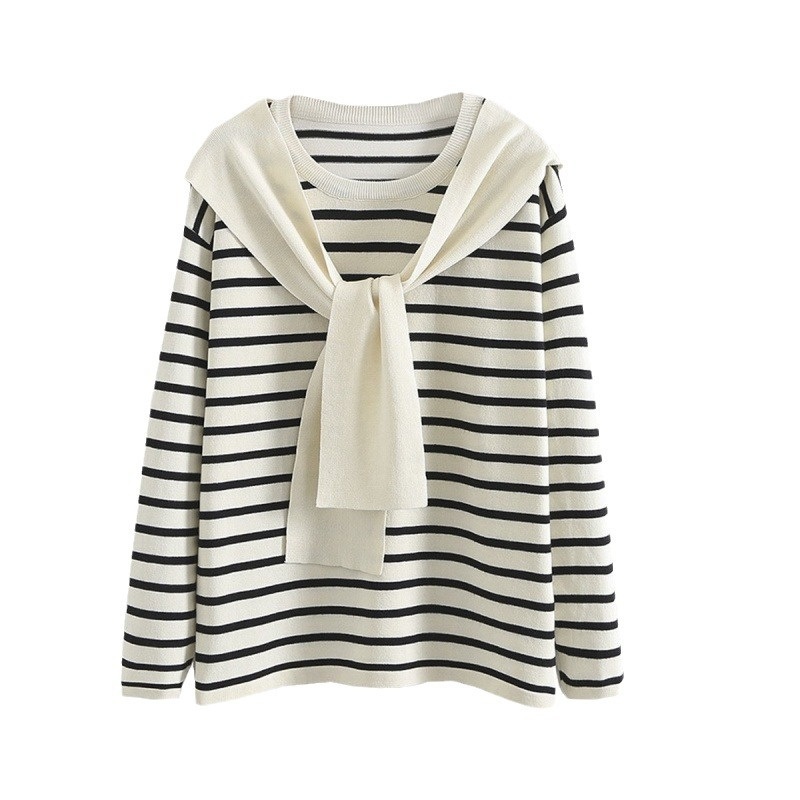 Solid Color White Stripe Women Sweater Knit Top O-Neck Sweater Pullover – Sweater and Sweater Pullover price