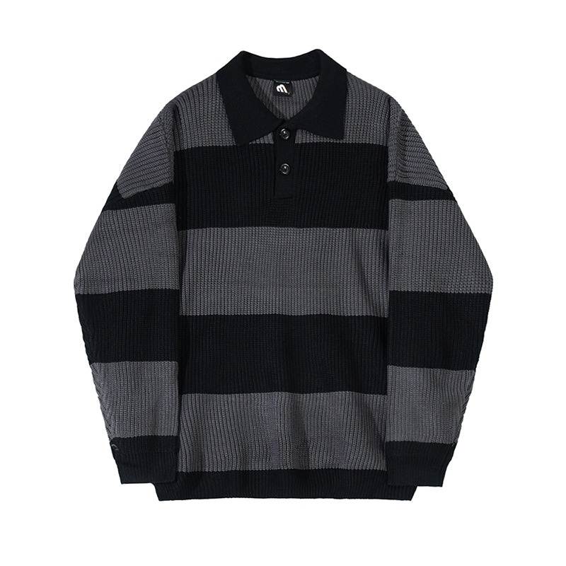 Wholesale Custom OEM Korean Loose Sweater Trend Contrast Striped Polo Button Collar Knit Sweater – Polo Knit Sweater and Custom Sweater price