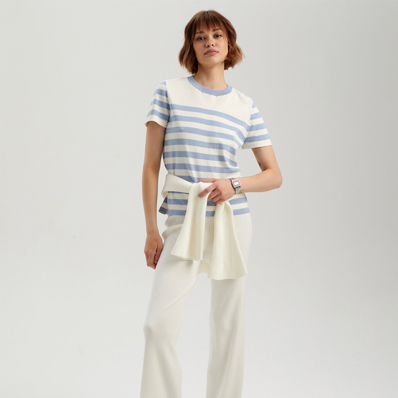Wholesale & Retail Womens Summer Striped Short-Sleeve Crew Neck Knit Sweater  Casual Chic Fashion Top, No MOQ – Casual Chic Sweater and Womens Summer Sweater price