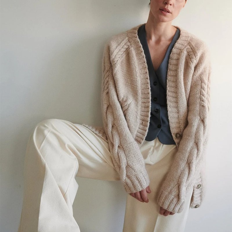Womens Beige Merino Wool Cardigan Knitted Button Cardigan with Exquisite Cable Patterns – 100%Merino Wool Cardigan and Cable Knitted Cardigan price