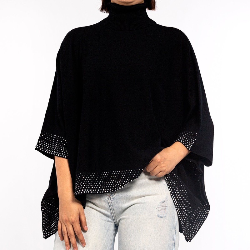 Womens Black Lightweight Loose Hot Rhinestone 3/4 Sleeve Turtleneck Sweater – Fall Sweaters for Women and Grunge Sweater price