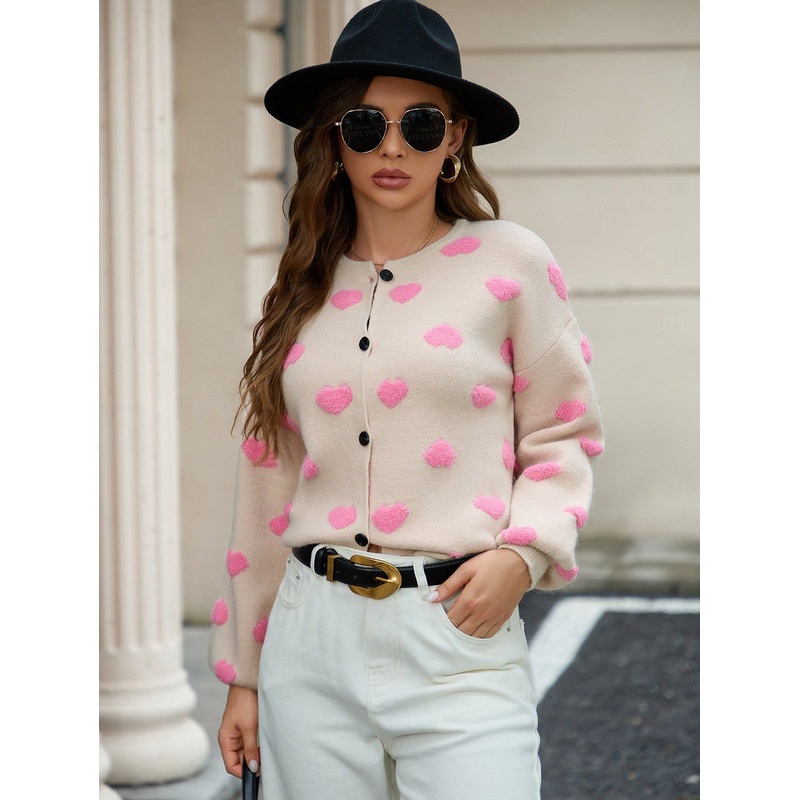 Autumn and Winter Round Neck Cardigan Coat Women Europe and America Solid Color Love Jacquard Single Breasted Knit Sweater – Sweater and Long Sleeve Cardigan price