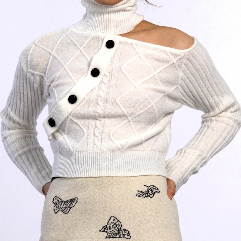 Custom High Turtleneck Offer Shoulder Ribbed Button Closure Long Sleeve Women Sweater – Turtleneck Sweater and Pullover price