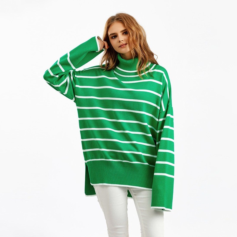 Knitted Pullover Contrast Color Striped Turtleneck Loose Casual Womens Sweater – Autumn and Winter Apparel and Niche Design Clothes price