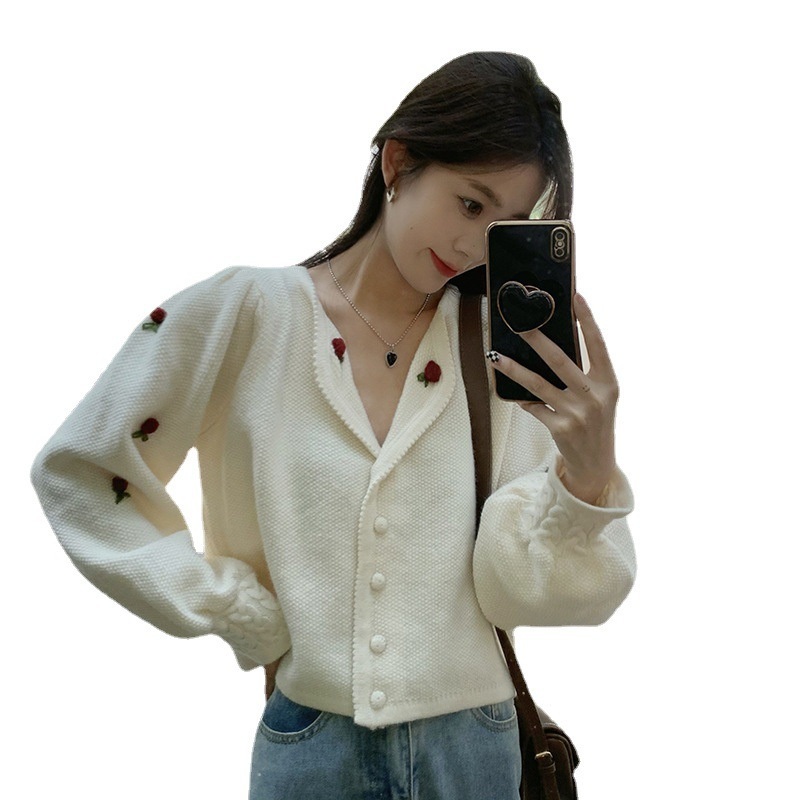 Nnr New Womens Pure Button Oversized V-Neck Buttoned Pockets Rose Flower Knitted Sweater – Sweater and Women Sweater price