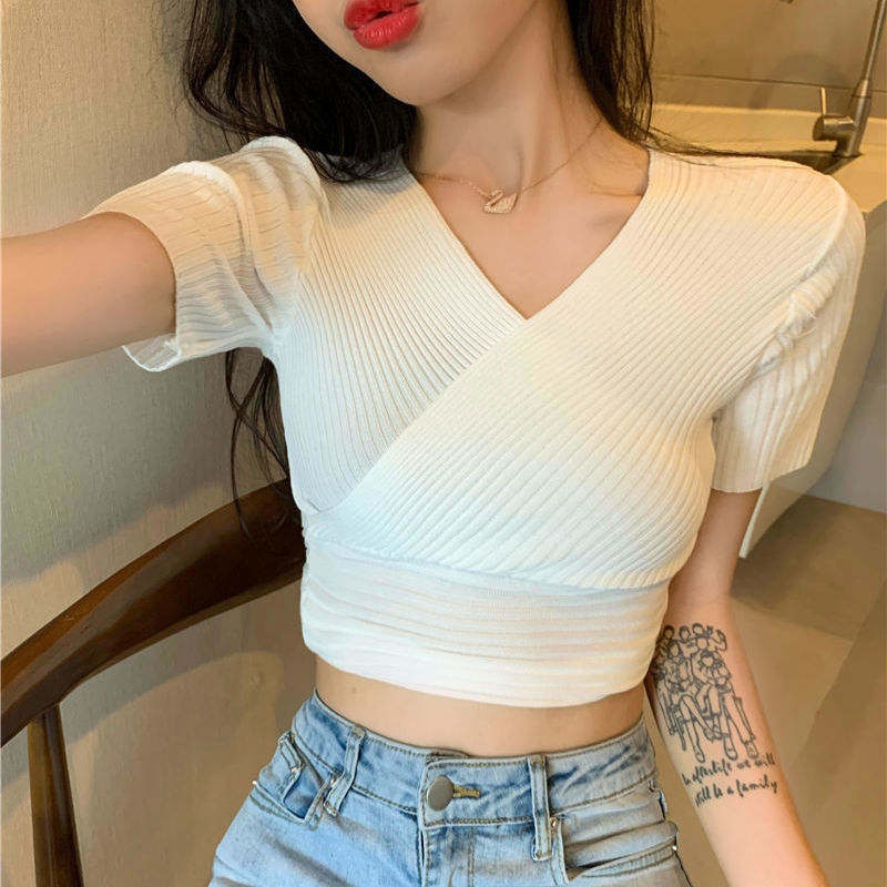 Summer Women Knitted V-Neck Short-Sleeved T-Shirt Crop Top Sweater – Crop Sweater and Sweater Woman price