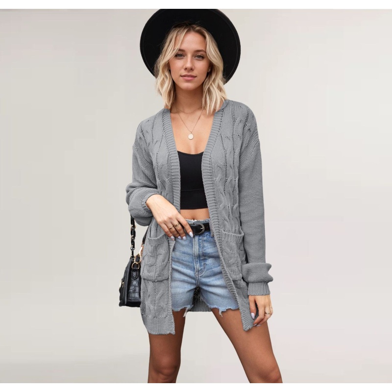 Winter V-Neck Twist Long-Sleeved Loose Casual Knitwear Twisted Cable Pocket MID Long Sweater Cardigan – Women Sweater Cardigan and Women Sweater price