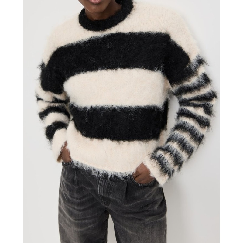 Women Brushed Fluffy Lovely Stripe Round Neck Long Sleeves Pullover Sweater in Black and White Color – Womens Sweater and Warm Sweater price