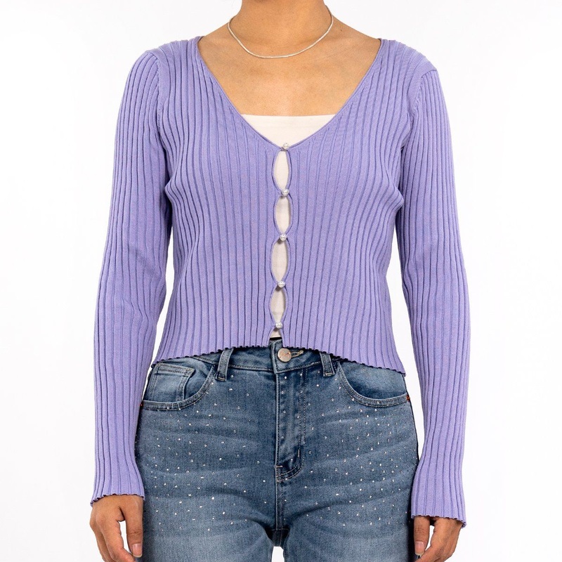 Womens Purple Ribbed Pearl V-Neck Long Sleeve Lightweight Summer Cardigan – Crop Cardigan and Knit Cardigan price