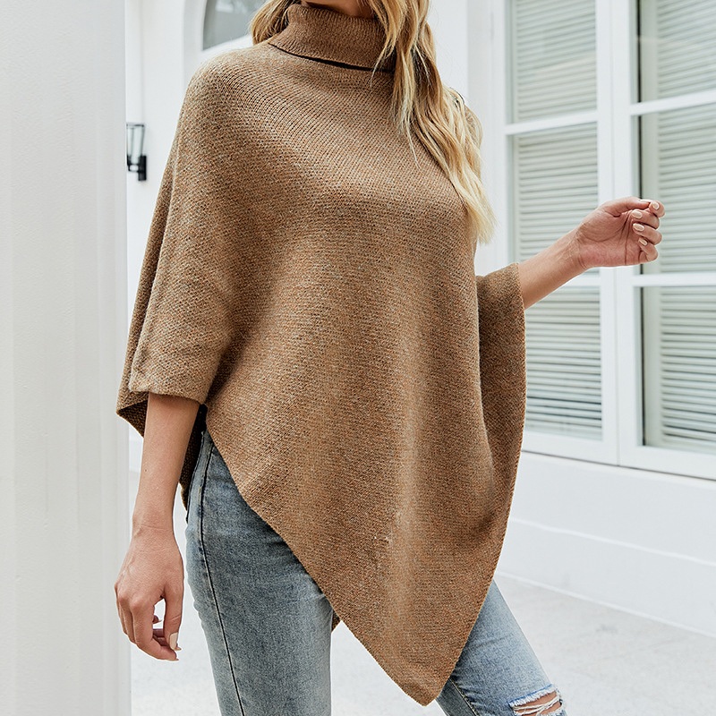 Autumn and Winter European and American Foreign Trade Shawl Cape Sweater Solid Color Turtleneck Cross-Border Knitted Sweater – Sweater and Women Sweater price