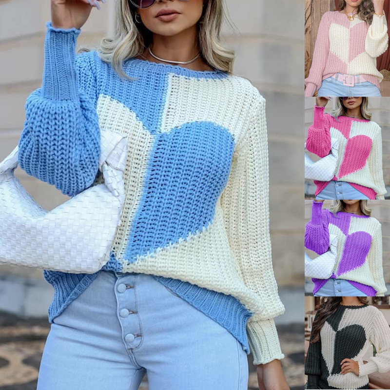 Autumn Winter Women Stitching Color Heart Sweet Knit Pullover Sweater – Custom Sweaters and Sweater Tops for Ladies price