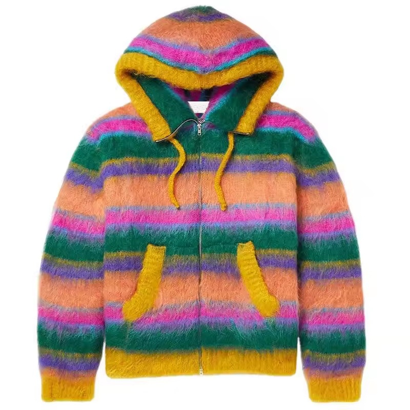 Custom Logo Mohair Knit Sweater Mens Fuzzy Striped Knitwear Winter Zip up Knitted Cardigan Mohair Sweater High Quality – Mohair Sweater and Custom Cardigan Sweater price|<span><span><span><span><span><span><span><span><span><span><span><span><span><spa