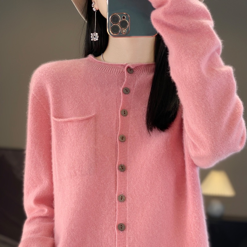 Factory Wholesale 12 Gg Office Lady 100% Wool Autumn Crew Neck Puff Sleeve Sleeves Standard Cardigans Knitwear Sweater – Knitted Cardigan Lady and Women Cardigan Coat price
