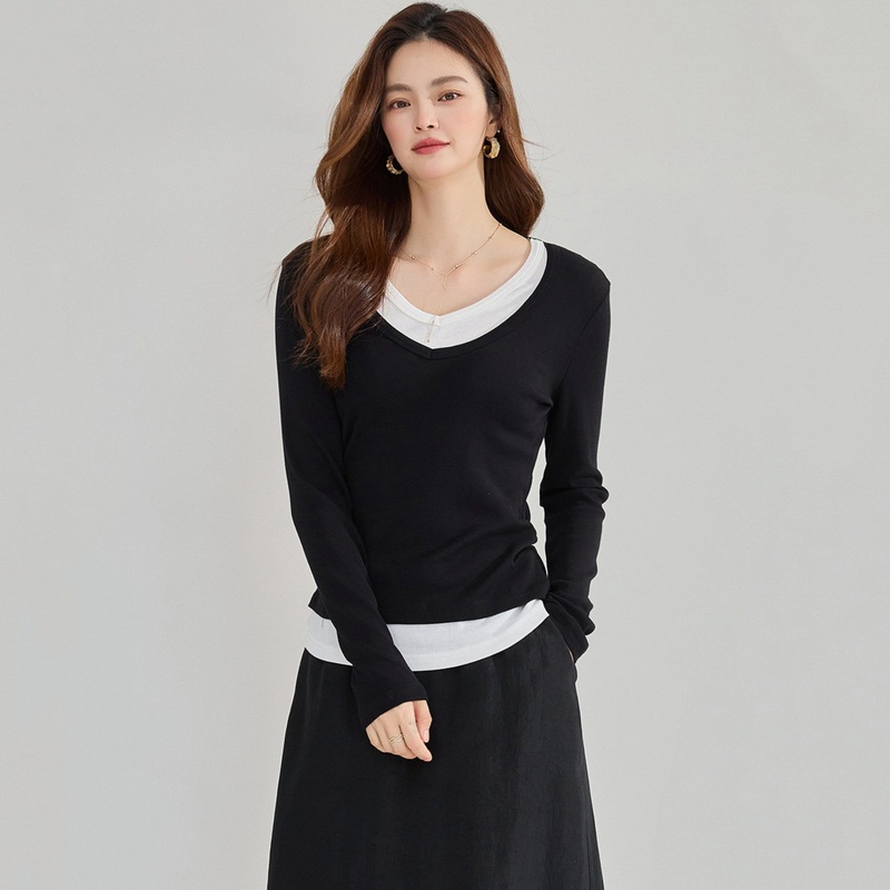 Fall New Fake Two-Piece Slimming V-Neck Base Layer Wool Sweater Womens – T-Shirt and Clothes price