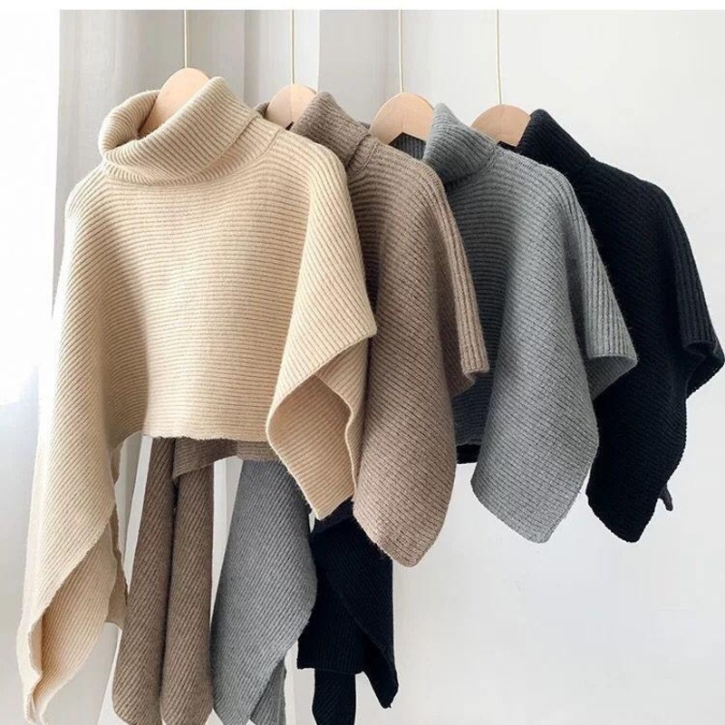 High Collar Thick Solid Color Winter Kintted Cape Sweater for Women – Knitted Sweater and Warm Cape Shawl price