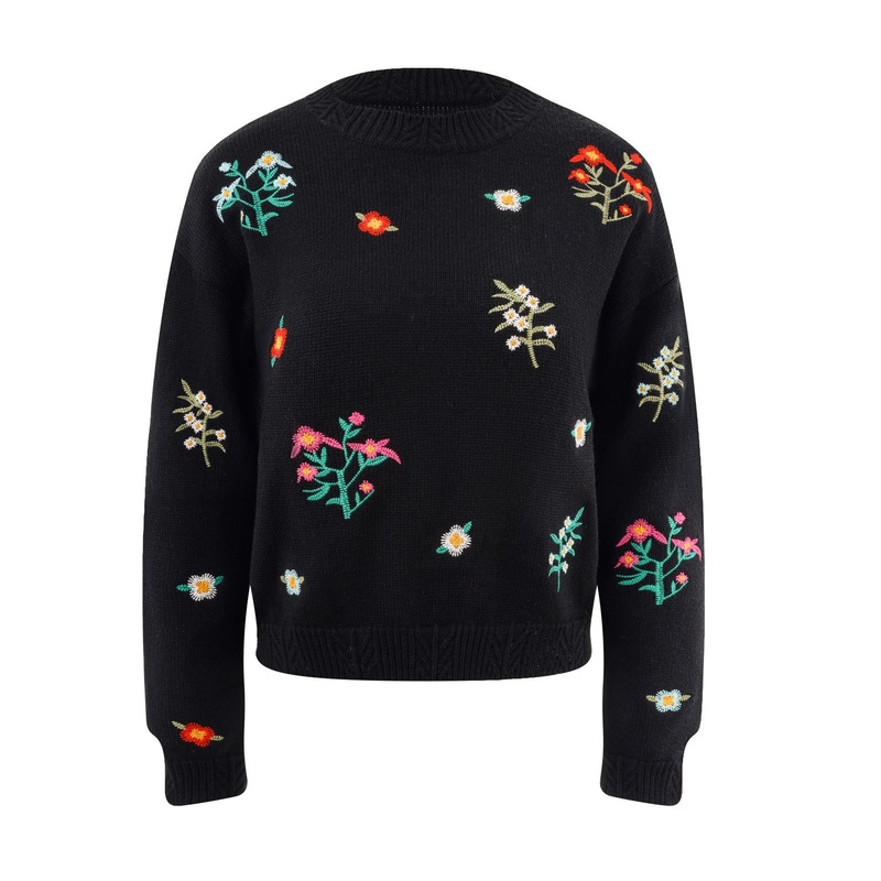 High Quality Custom Women Knit Sweater Crew Neck Long Sleeve Ladies Pullover Drop Shoulder Floral Embroidery Women Knit Pullover – Sweater and Pullover price
